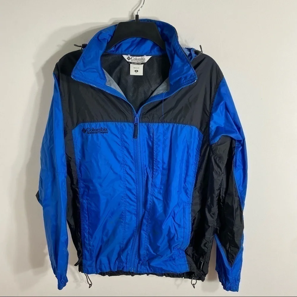 Columbia Rain Coat Light Jacket Small Men’s Blue Black Packable Full Zip Hooded